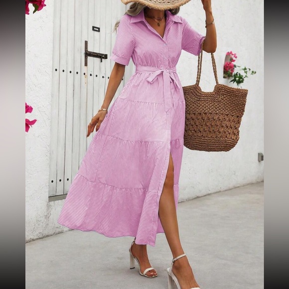 Luxe striped button down belted maxi dress - Picture 3 of 16